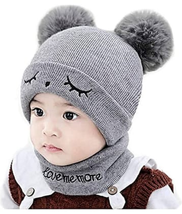 Valdez Woolen Warm Double Pom Pom Cap Beanie Hat and Muffler Winter Accessories for Baby Boys and Girls