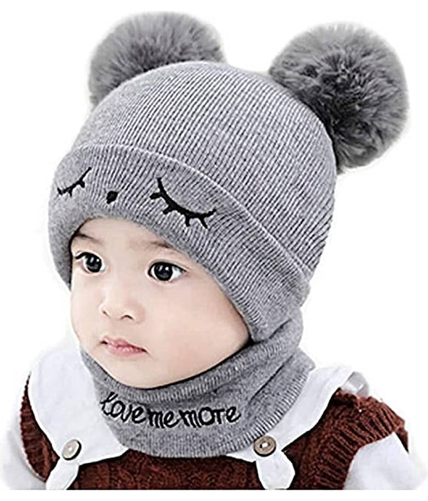 Valdez Woolen Warm Double Pom Pom Cap Beanie Hat and Muffler Winter Accessories for Baby Boys and Girls