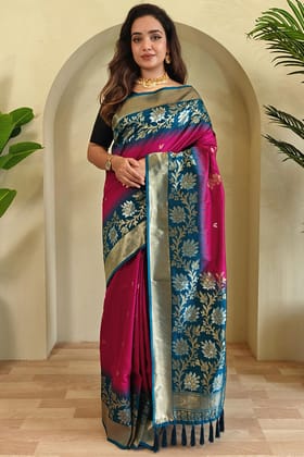 Royal Fuchsia Pink Banarasi Silk Saree with Designer Chaap Border