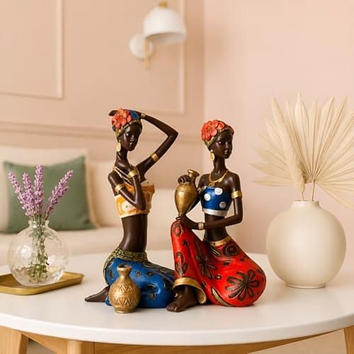 Amazon Basics Vibrant Tribal Lady Figurine Set for Home & Office Décor | Artistic Cultural Sculpture Showpieces