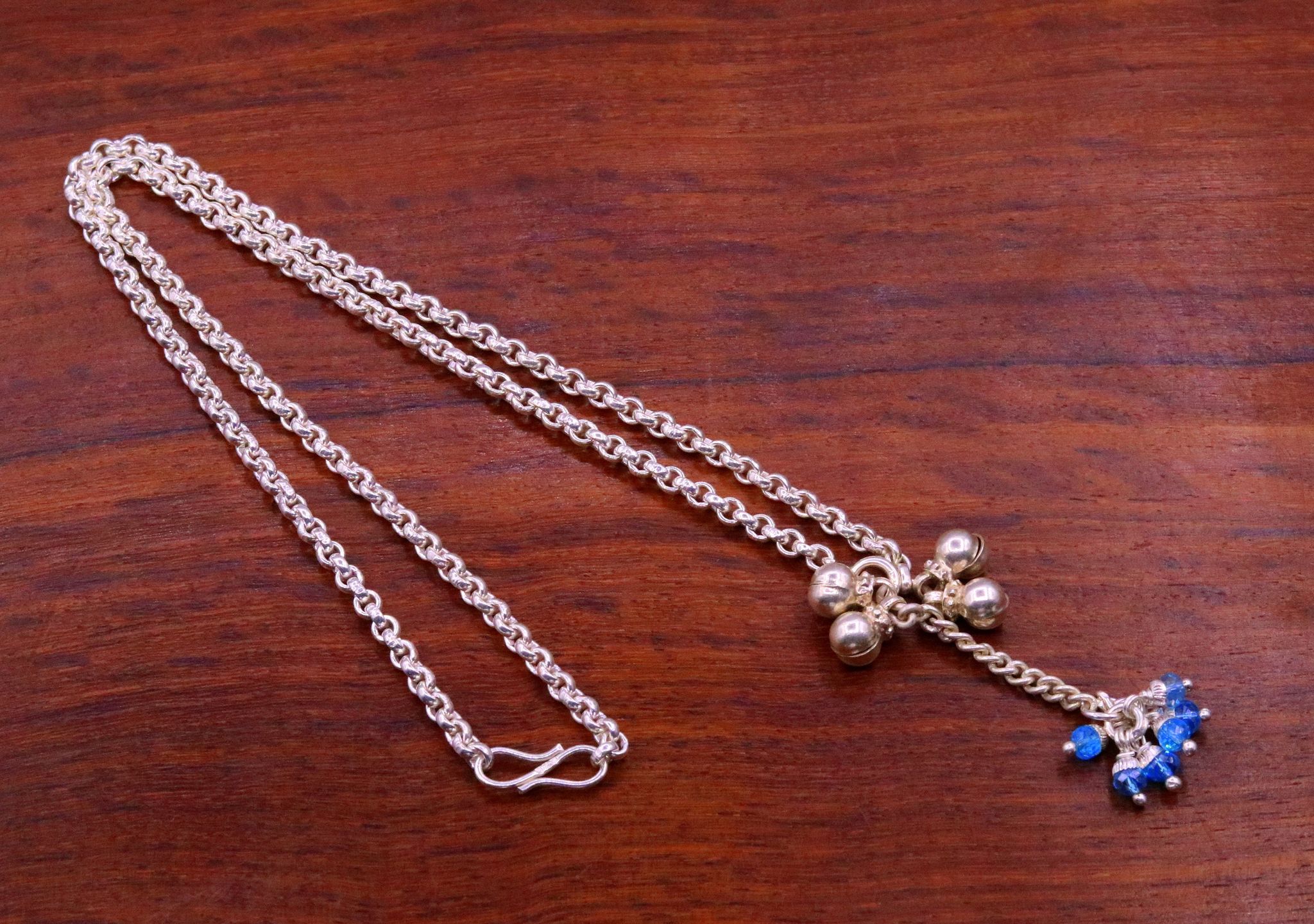 Handmade sterling silver rolo link chain charm necklace with fabulous hanging color beads and bells excellent tribal jewelry set91