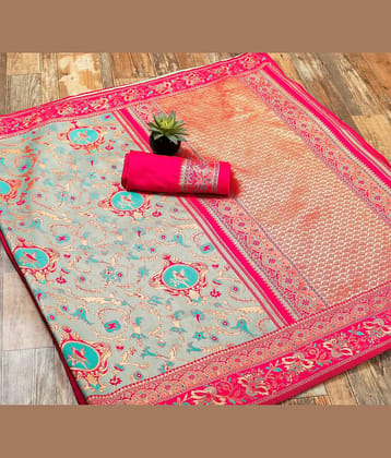 Gazal Fashions Banarasi Silk Embellished Saree With Unstitched Blouse Piece ( Rama )