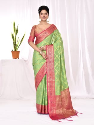 Green Soft Silk Banarasi Woven Chex Weaving Saree