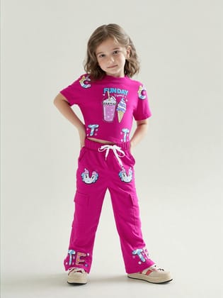 Girl's Ice-Cream Printed Hot Pink Co-Ord  Set [GCS-7450](3-11 Years)-5-6Y (Size - 26) / Ribbed / Hot pink