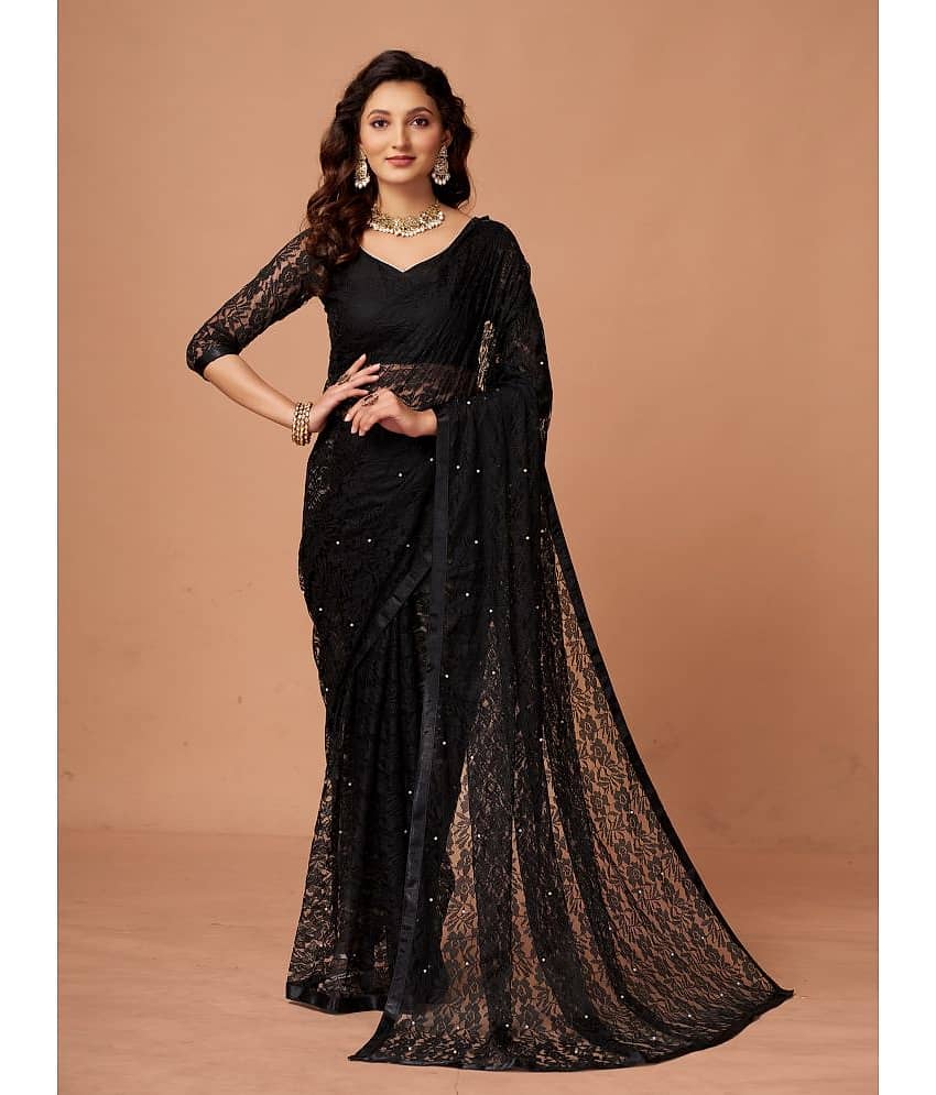 VANRAJ CREATION Brasso Self Design Saree With Unstitched Blouse Piece ( Black )