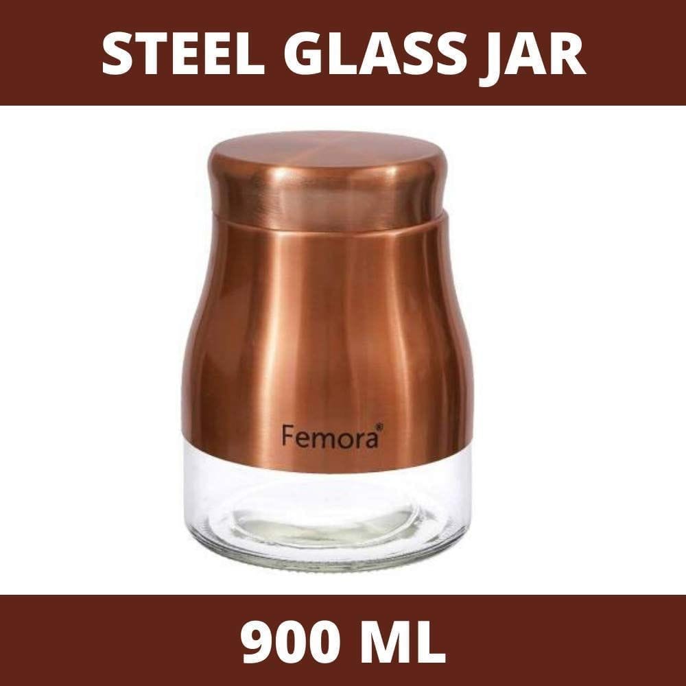 Femora Clear Glass Gold Metallic Steel Glass Jars Tea Sugar Jar Container Cereal, Spices, Pulses Container Spice Jar for Kitchen Storage Jars for Kitchen Storage, 900ML, Free Replacement of Lids