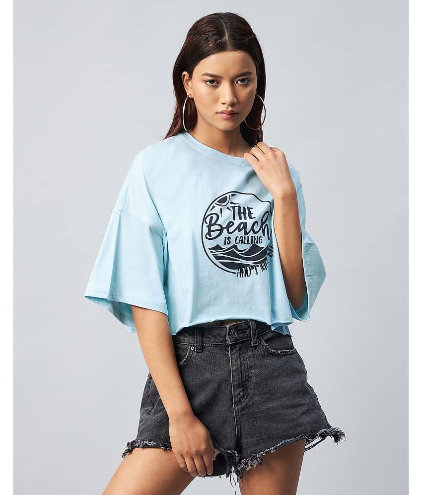 Chimpaaanzee Women Cotton Printed Regular Fit Round Neck T-Shirt ( Light Blue )