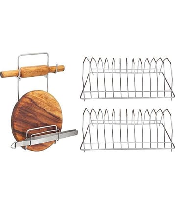 JISUN Stainless Steel Plate Stand / Dish Rack Steel (Pack of 2) & Chakla Belan Stand For Kitchen