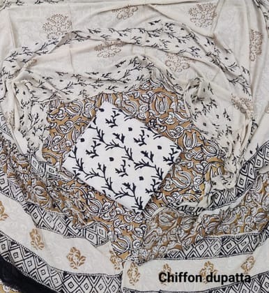 Pure Cotton Unstitched Suit With Chiffon Dupatta-As shown in picture / 2.5 mtr each / Pure cotton with chiffon dupatta