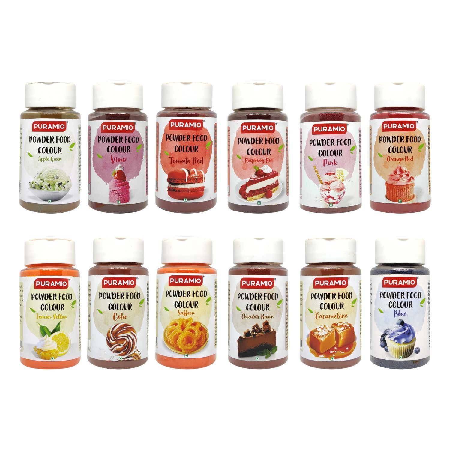 Puramio Powder Food Colour Combo - (Apple Green, Blue, Caramelene, Chocolate Brown, Saffron, Cola, Lemon Yellow, Orange Red, Pink, Raspberry Red, Tomato Red, Vino), 125 gm Each - Pack of 12