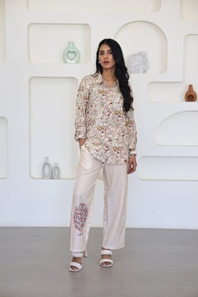 Cream Floral Printed Co Ord Set-XS