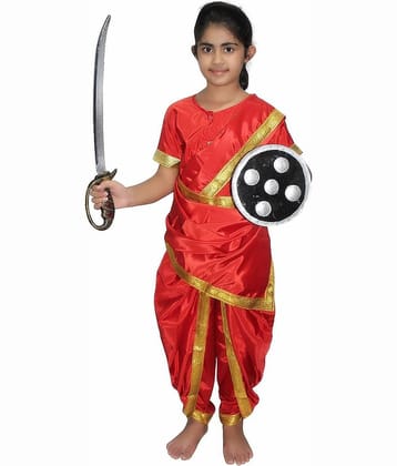 Kaku Fancy Dresses National Hero Jhasi Ki Rani Fancy Dress For Girls | Freedom Fighter Rani Laxmi Bai Costume For Independence Day & Republic Day -Red, 3-4 Years, For Girls