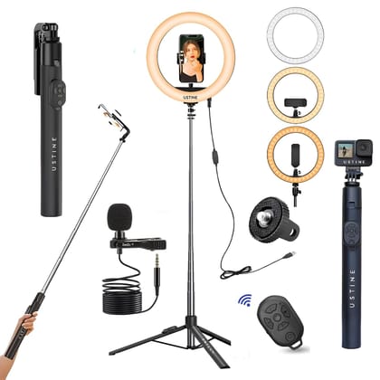 USTINE® Youtuber Kit | 10" Ring Light (3 Light Modes), Imported Mic, 67" Selfie Stick Tripod Stand | Bluetooth Remote | Vlogging, Reels, YouTube, FB Videos Black / Tripro X5 + 10" Light+Mic