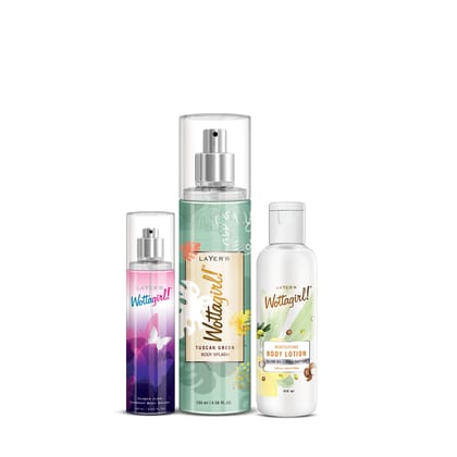 Layer'r Wottagirl Tuscan Green Body Splash For Women 135ml with Amber Kiss Body Splash For Women 60ml & Get Moisturizing Body Lotion 100ml