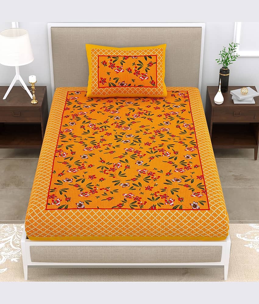 ABHACLOTHO Yellow Cotton 1 Single Bedsheet with 1 Pillow Cover ( 215 cm x 150 cm )