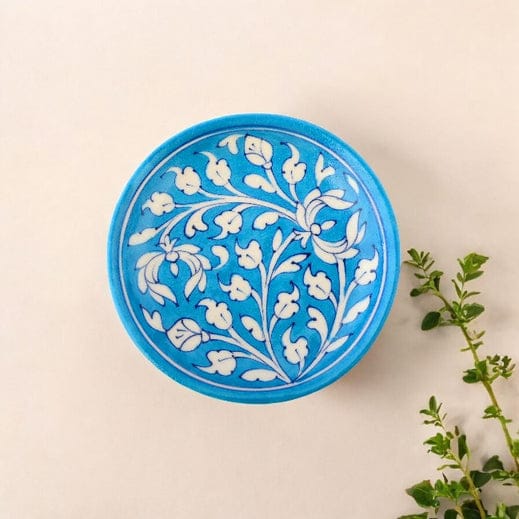Blue Pottery Floral Pattern Decorative PlateCyan Blue6
