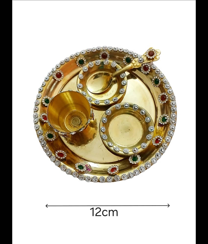 Golden Brass Pooja Bhog Thali with 2 Bowls, 1 Spoon & 1 Glass, Home, Temple Use - Gift for Pooja Ceremonies