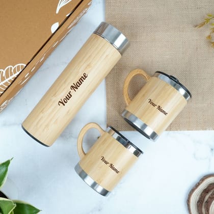 Eco-Friendly Gifts : Premium Bamboo Bottle Set with 2 Mugs