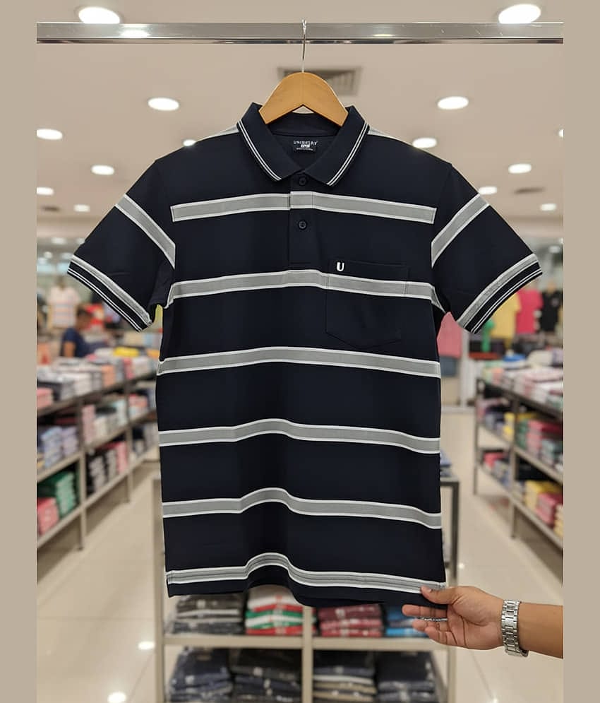UNIBERRY Men Cotton Blend Regular Fit Striped Polo T Shirt ( Navy )