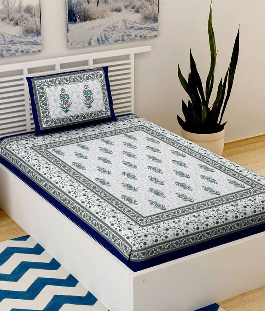 Uniqchoice Cotton 1 Single Bedsheet with 1 Pillow Cover ( Blue )