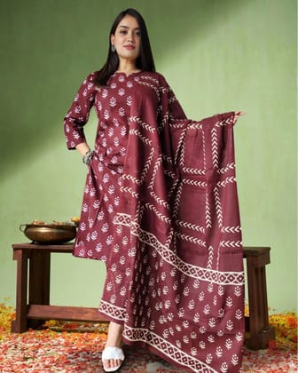 Mehek Cotton Suit Set Elegant Maroon Handblock Print-36 (S)