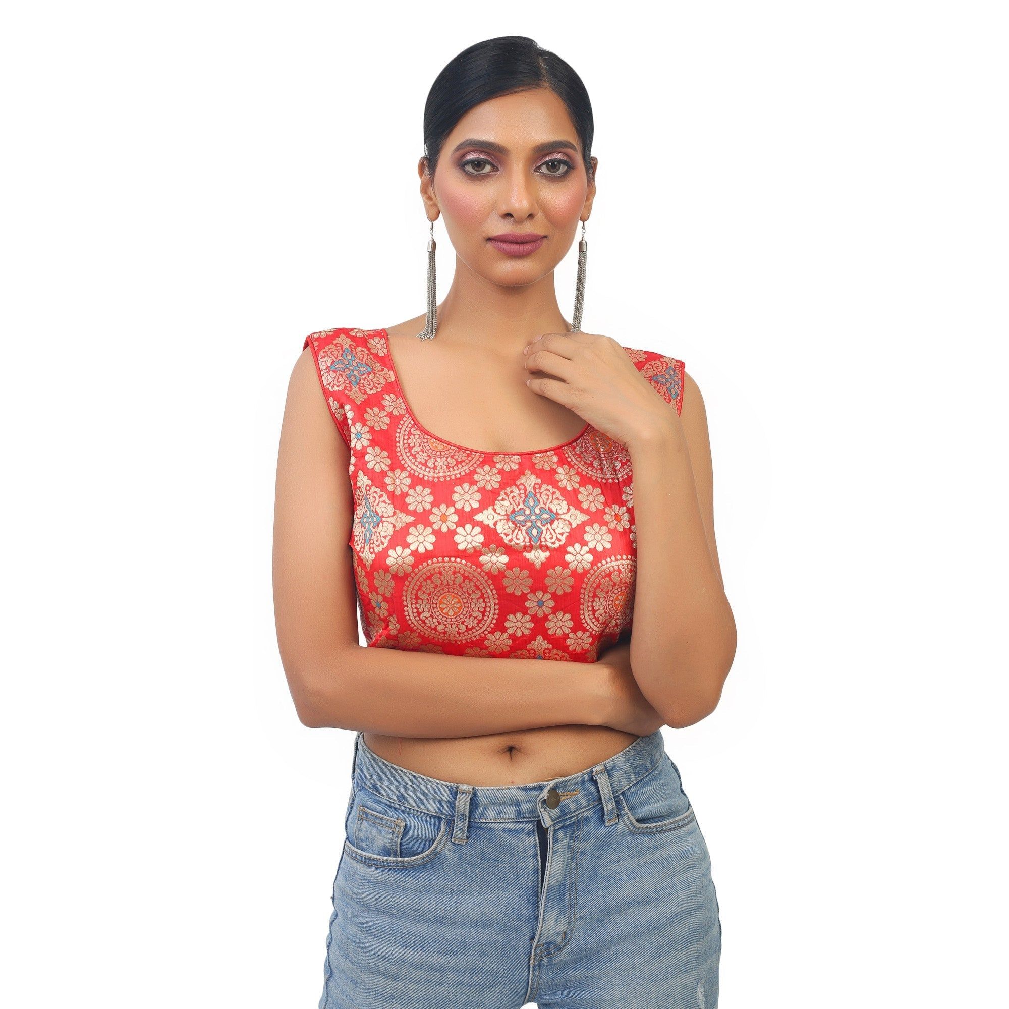 TheHangr Red Cotton Golden Banarsi Print Blouse - 34