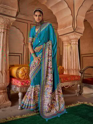 Turquoise Blue Soft Silk Baluchari Printed Saree