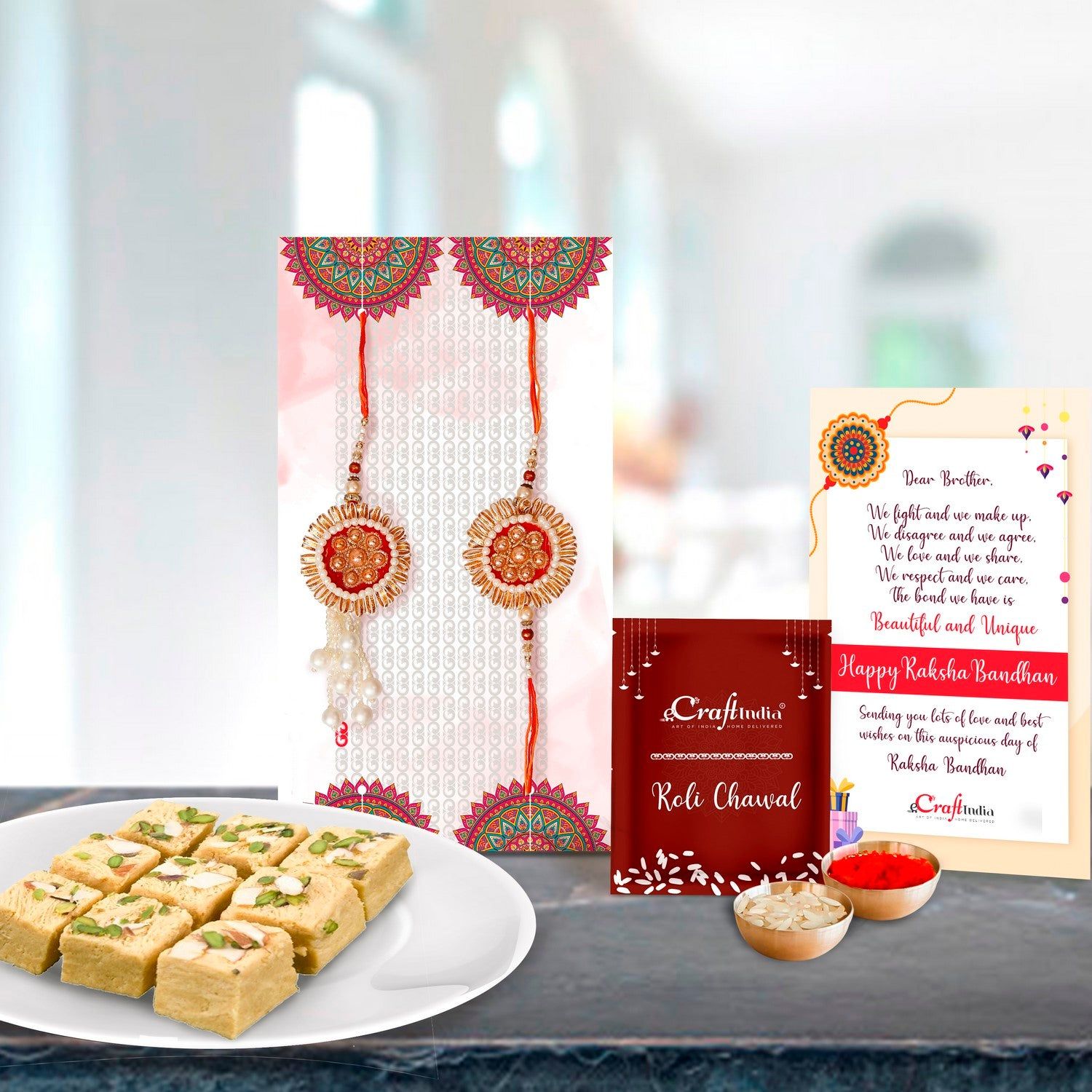 Designer Bhaiya Bhabhi Rakhi with Soan Papdi (500 Gm) and Roli Chawal Pack, Best Wishes Greeting Card