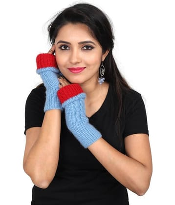 KC Store Women's Sky Blue & Red Woolen Fingerless Gloves For Winters