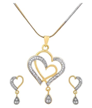 Sunhari Jewels Double Heart AD Stone Pendent With Earrings For Women - Golden