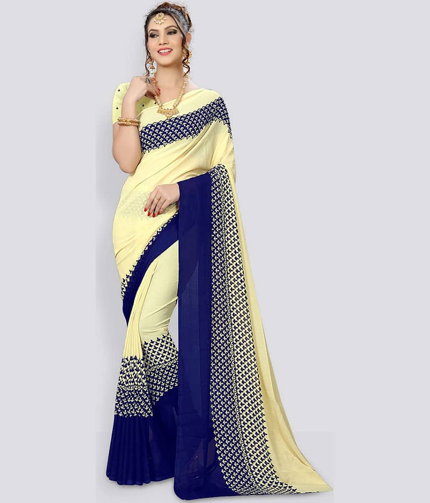 Kanooda Prints Georgette Printed Saree With Unstitched Blouse Piece ( Yellow )