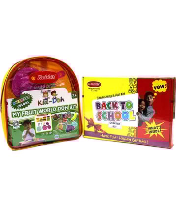 Rabbit Back To School Starter Kit+My Fruit World Doh Kit(Bag)| Stationery kit for kids| Play dough| Kid doh| Modelling Dough for Kids| Play clay| Kids Playing Dough with Moulds|Age 3+