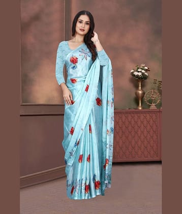 JIHANA FAB Georgette Printed Saree With Unstitched Blouse Piece ( Blue )