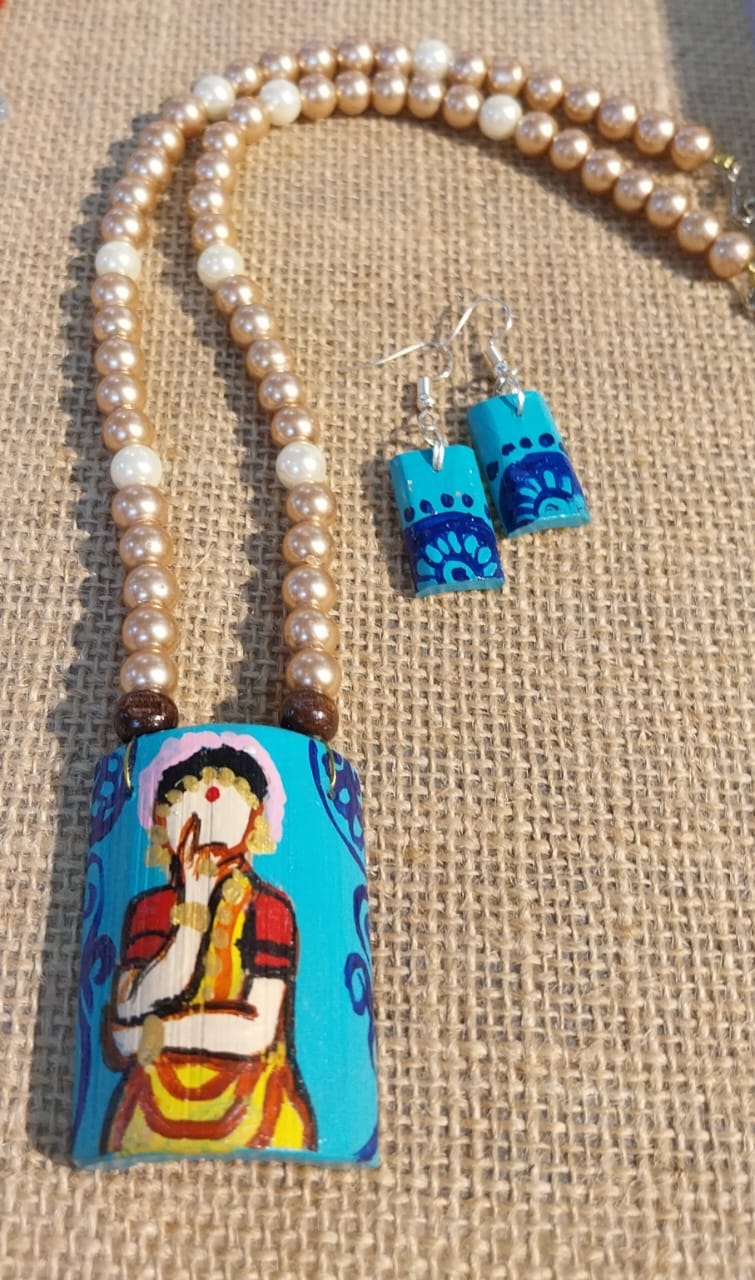 Handmade Handpainted Necklace with Golden Pearl Mala On Bamboo Base, Including Hanging Bamboo Earings