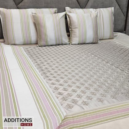 Intricately Embroidered Linen Fabric  Bedcover, Dressed With Satin Borders To  Make Your Room Look Royal (King Size) Set of 5-Print 7