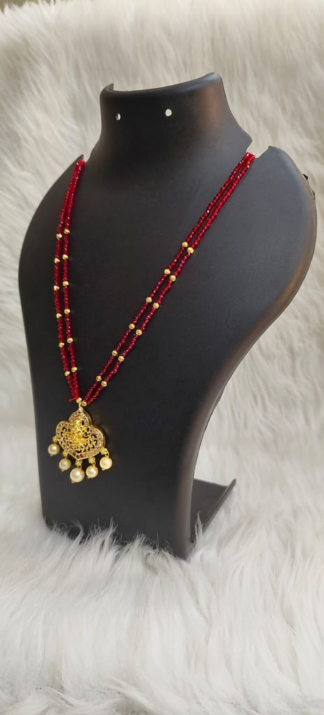 Traditional Indian Gold Plated Temple Pendant Necklace Set with Red Beads
