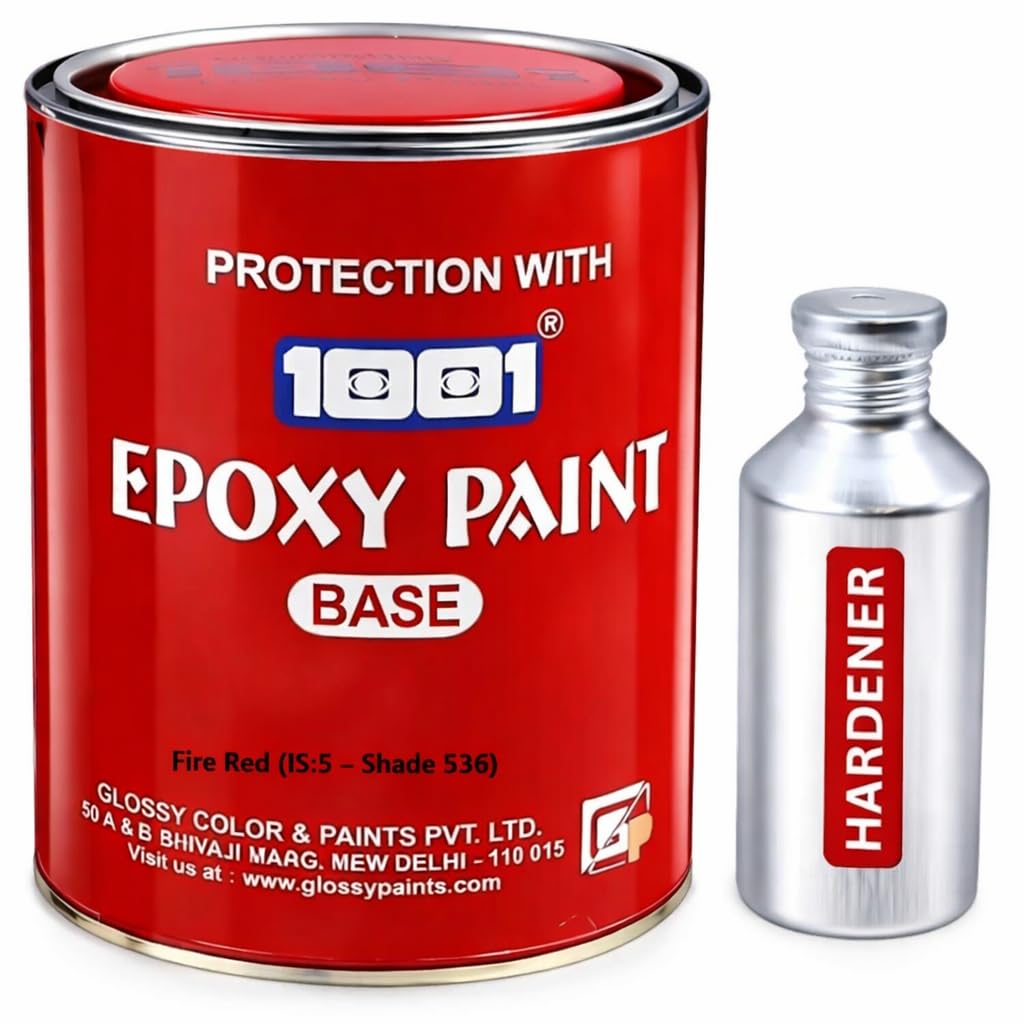 1001 Epoxy Paint Fire Red IS:5 Shade 536 | 2K Two Pack Epoxy Coating with Hardener | 3:1 Mix Ratio | High Gloss Corrosion Resistant Paint for Fire Equipment & Metal & Floor Surfaces - 1 Ltr.