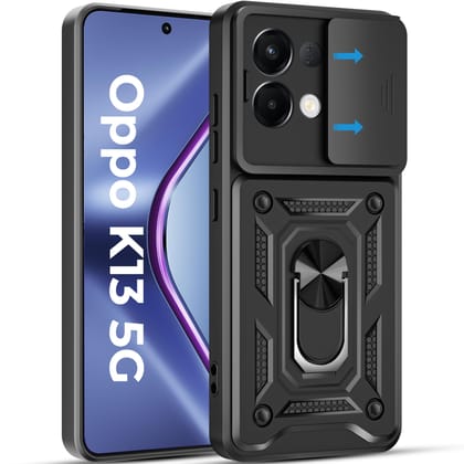 A rtistque Armor Bumper Back Case Cover for Oppo K13 5G | Stylish Ring Holder & Inbuilt Stand | Sliding Camera Cover | Shockproof TPU Protective Design | Oppo K13 Back Cover - Black Premium Armor Series-Black
