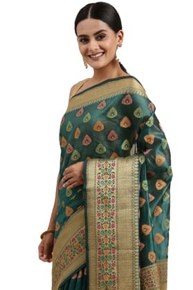 Women's Organza Printed Saree with Unstitched Blouse (Sea Green, 5-6 Mtrs)