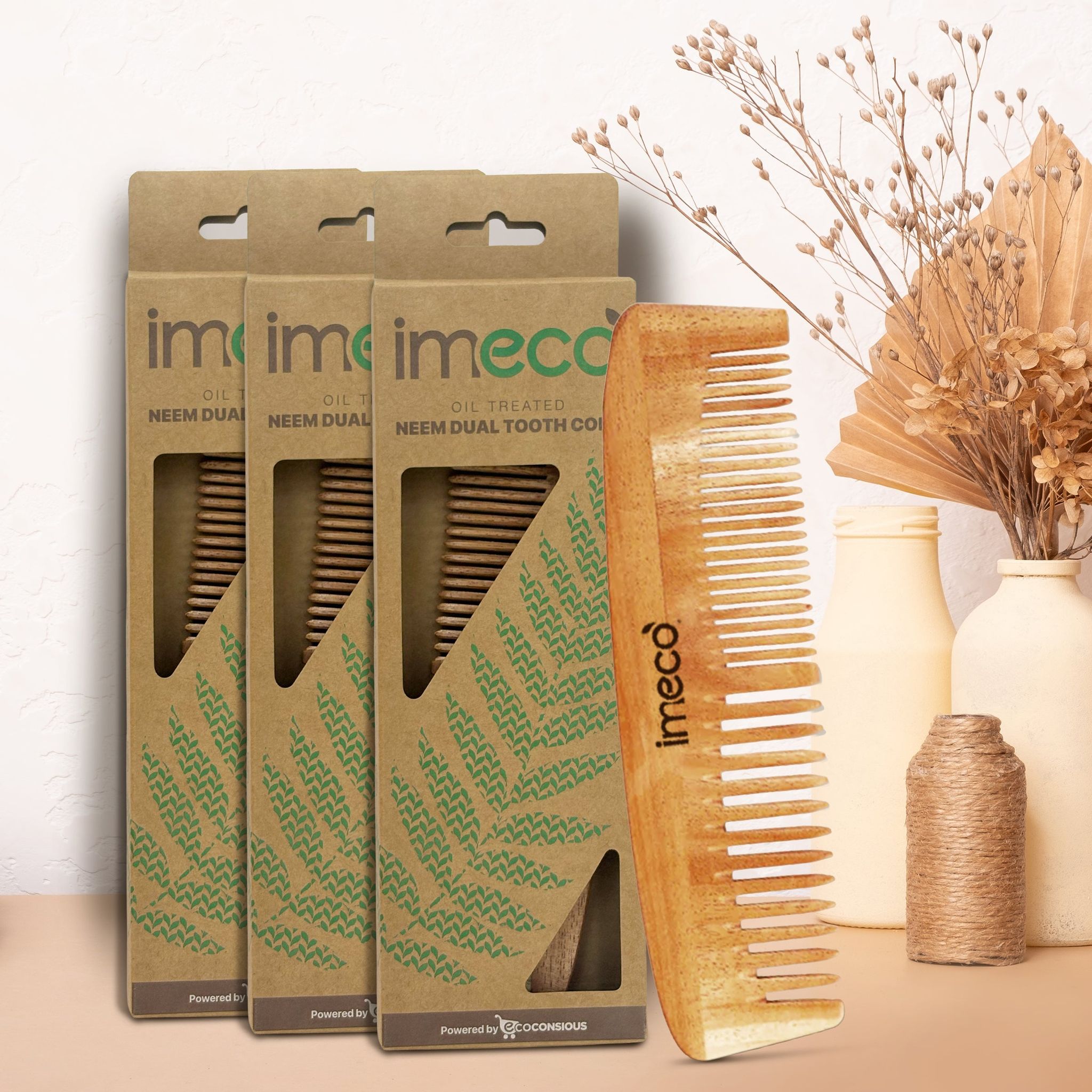 Imeco Neem Wood Dual-Tooth Hair Comb Set (Pack of 3) | Natural Hair Care & Detangling | Daily Grooming
