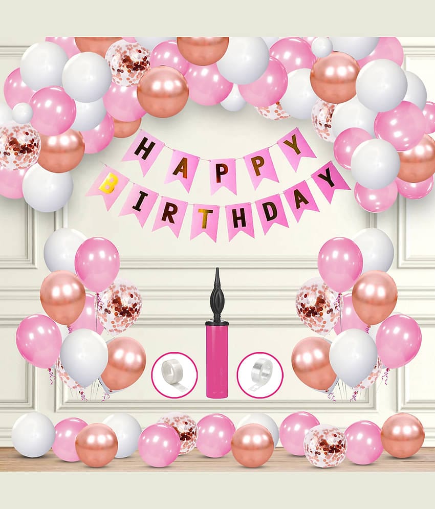 Zyozi Birthday Banner-White,Pink & Rosegold Balloons Garland Arch Kit with Rosegold Confetti Balloons Set for Birthday Balloons Decorations (Pack of 59)
