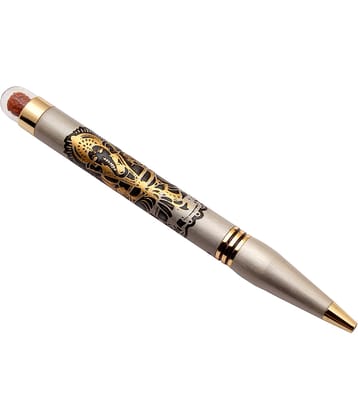 Lord Ganesha & Rudraksha Edition Ballpoint Pen Silver Metal Body & Golden Trims With Blue Refill
