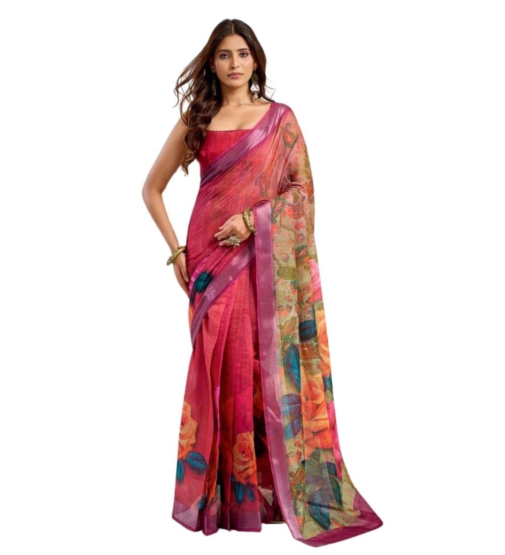 Women's Faux Linen Floral Print Ready to wear Saree With Unstitched Blouse 5.5Mtr (Pink)-PID65884