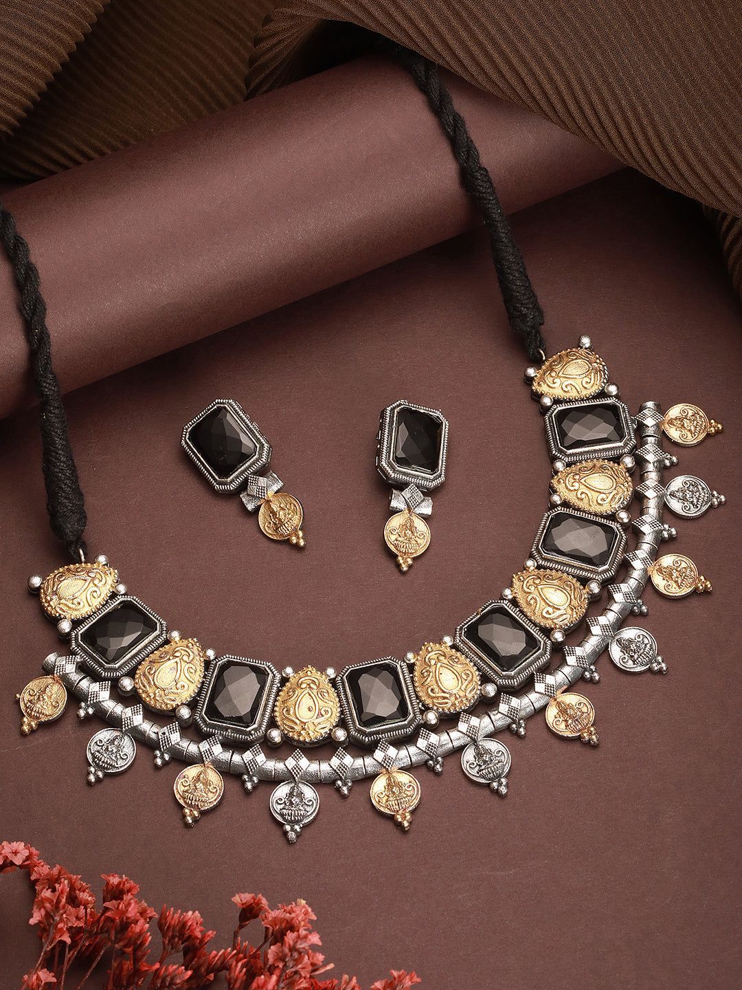 Oxidised Dual Toned Black Stone Studded Contemporary  Tribal  Lakshmiji Motif Choker Jewellery Set