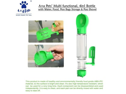 A+a Pets Dog Water Bottle, Pet Portable Water Bottle with 500ML Water Tank, Dog Food Storage, Poop Shovel & Garbage Bag, Leak Proof Button Design - 500 Millilitre - Green