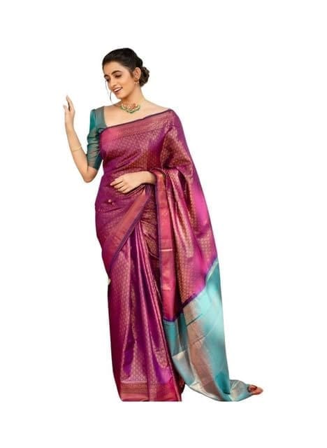 Women's Soft Lichi Silk Printed Saree With Unstitched Blouse 5.5Mtr (Purple)-PID63661