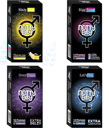 NottyBoy Variety Pack Ribs Dots Contoured And Banana and Extra Lubricated Condoms - 40 Count