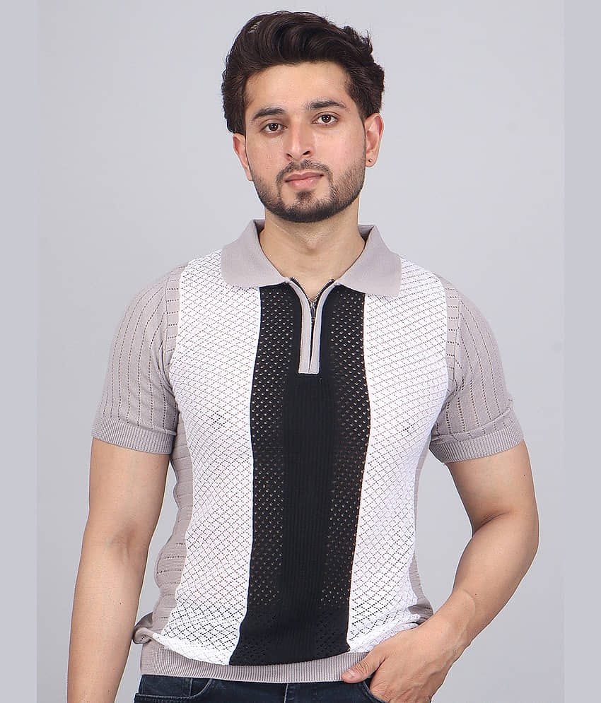 FEVERFEW Men Cotton Blend Regular Fit Striped Polo T Shirt ( Black )