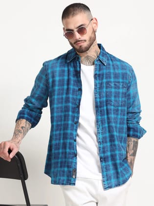Indigo Dyed Premium Men Shirt, Regular Fit, Pure Cotton, Blue-Navy-S