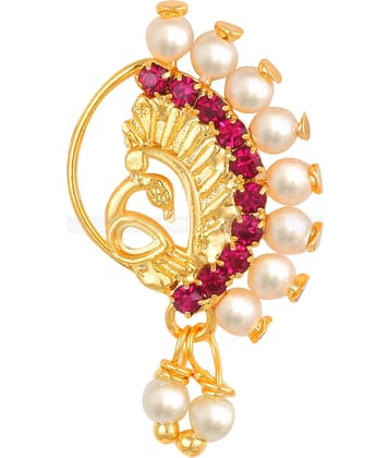 Vighnaharta Gold Plated Mayur Design Red Stone with Pearls and AD Stone Alloy Maharashtrian Nath Nathiya./ Nose Pin for women VFJ1018NTH-Press